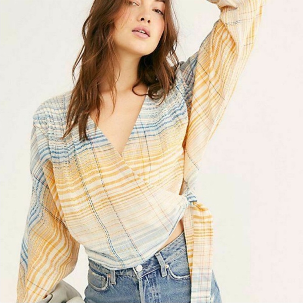 Lightweight Striped Wrap Blouse in Yellow & Blue